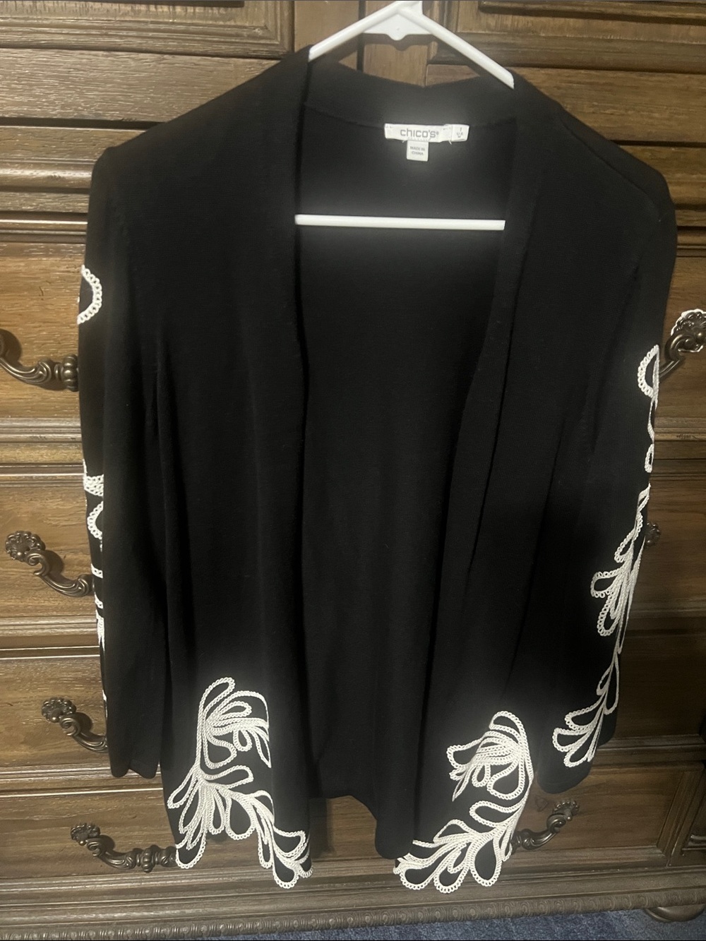 Chico's Black Open-Front Cardigan with White Loop Embroidery